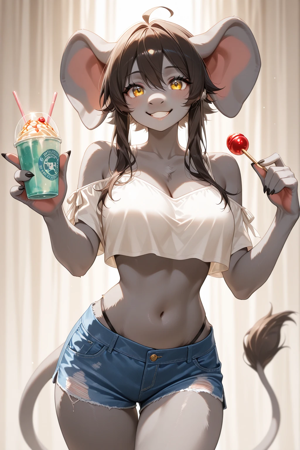 Mammal, Top quality, masterpiece, high resolution, 1girl, hi res, absurd res, succubus, Meru, Meru the succubus, female, curvy, black wavy hair, pony tail haircut, solo, white top, simple skirt, medium breasts, beautiful hips, holding object, boba, cute hands, detailed hands, show