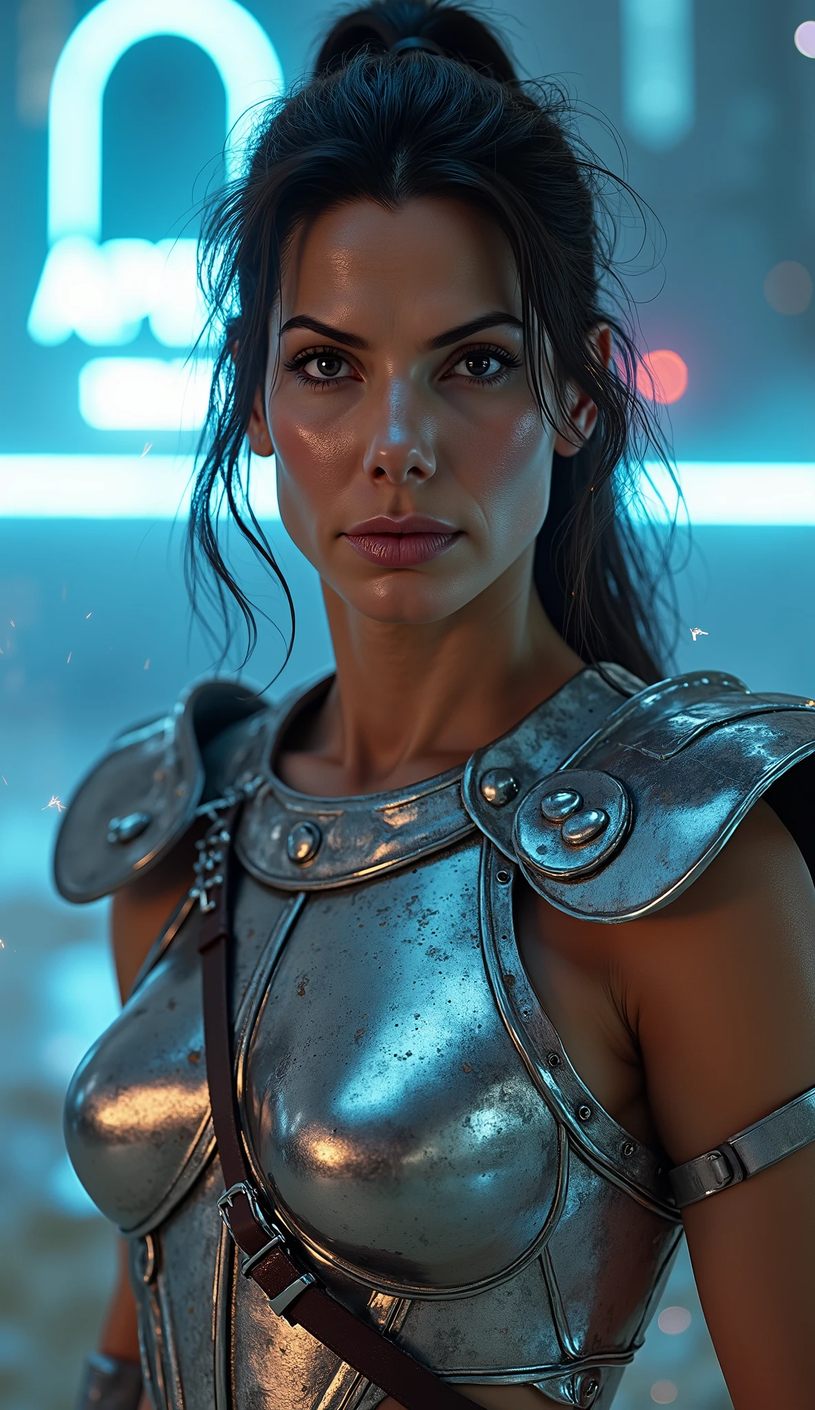 Ultra-realistic hyper-detailed portrait of Sandra Bullock, waist up, as a futuristic Roman gladiator commander. Wearing polished silver armor with ice-blue accents, leather straps, and a flowing silver cape. Intelligent gaze in perfect focus, realistic skin and hair texture. Background: cyberpunk coliseum with silver walls and blue neon lights, massive holographic sign 'APEX'. Subtle smoke and sparks in the air. 8K cinematic detail.