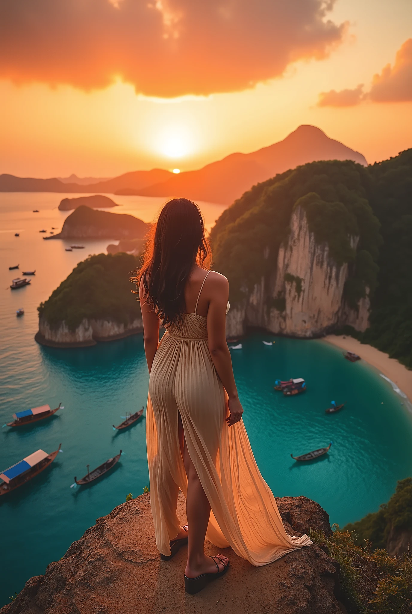 Solo travel girl in light tropical dress, standing on cliff viewpoint overlooking turquoise waters and limestone cliffs of Phuket, long-tail boats on the shore, dramatic sunset sky, cinematic lighting, vibrant colours, intricate details, photorealistic, masterpiece, 16k — detailed body — best quality — masterpiece