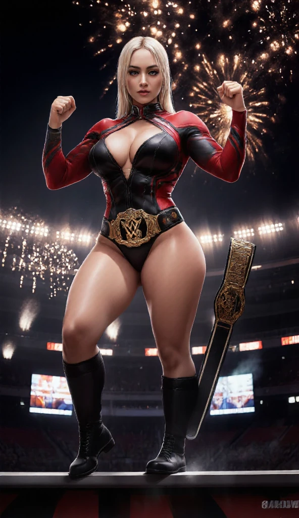 nsfw、Female professional wrestler、((Championship Belt))、expensive、smile、((In the Ring))、((Spotlight))、(((Big stadium)))、((Super big breasts))、((Super tight costume))、Wristband、(((Aggressive and flashy costumes)))、((Elbow guard))、(Shin guard)、I can see your muscles、Hairstyle with bangs、((Sweat))、((Match venue))、Very beautiful woman、((Female Athletes))、(Detailed face)、Realistic Skin、((Delicate photo)),(Girl masterpiece RAW photo details:1.25), (Highest quality:1.6), (Ultra-high resolution:1.5), (Realistic:1.75), 8K resolution,50mm, Absurd, Super detailed,Cinema Lighting、