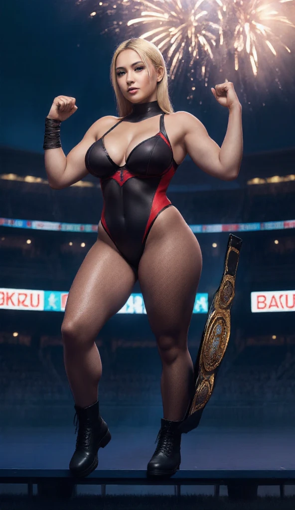 nsfw、Female professional wrestler、((Championship Belt))、expensive、smile、((In the Ring))、((Spotlight))、(((Big stadium)))、((Super big breasts))、((Super tight costume))、Wristband、(((Aggressive and flashy costumes)))、((Elbow guard))、(Shin guard)、I can see your abs、Hairstyle with bangs、((Sweat))、((Match venue))、Very beautiful woman、((Female Athletes))、(Detailed face)、Realistic Skin、((Delicate photo)),(Girl masterpiece RAW photo details:1.25), (Highest quality:1.6), (Ultra-high resolution:1.5), (Realistic:1.75), 8K resolution,50mm, Absurd, Super detailed,Cinema Lighting、