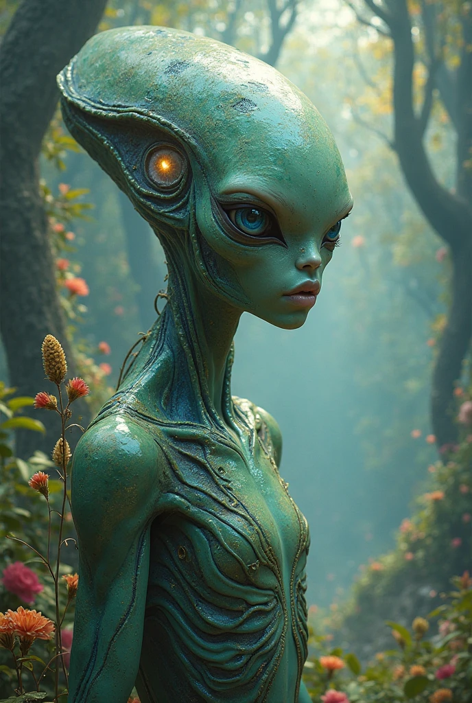 Human-looking alien standing full body, from above watching a city, cinematic lighting, (by (Daniel Mernagh) (Carne Griffiths) Monika Nowak), highly detailed, detailed, soft-bodied, alien face