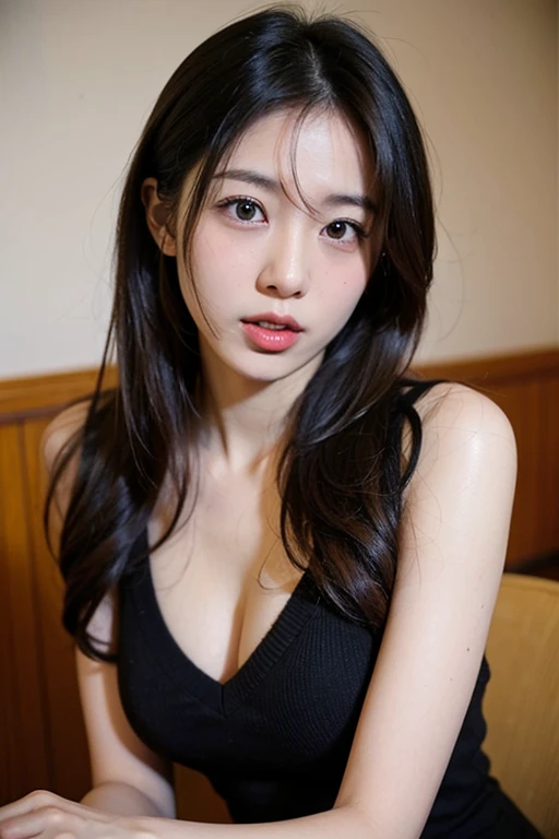 A girl，Twenty generations，cute and pretty face，Black long straight hair，Long bangs cover the eyes，Long eyelashes，(Beautiful eyes)，Small Eyes，upturned eyes，(Dark lipstick)，(dark eye makeup:1.3)，slim，Slender limbs，Black Spaghetti Strap Dress，Inside the old railway station，Shallow depth of field，Extremely detailed face，Very beautiful face，High quality skin，