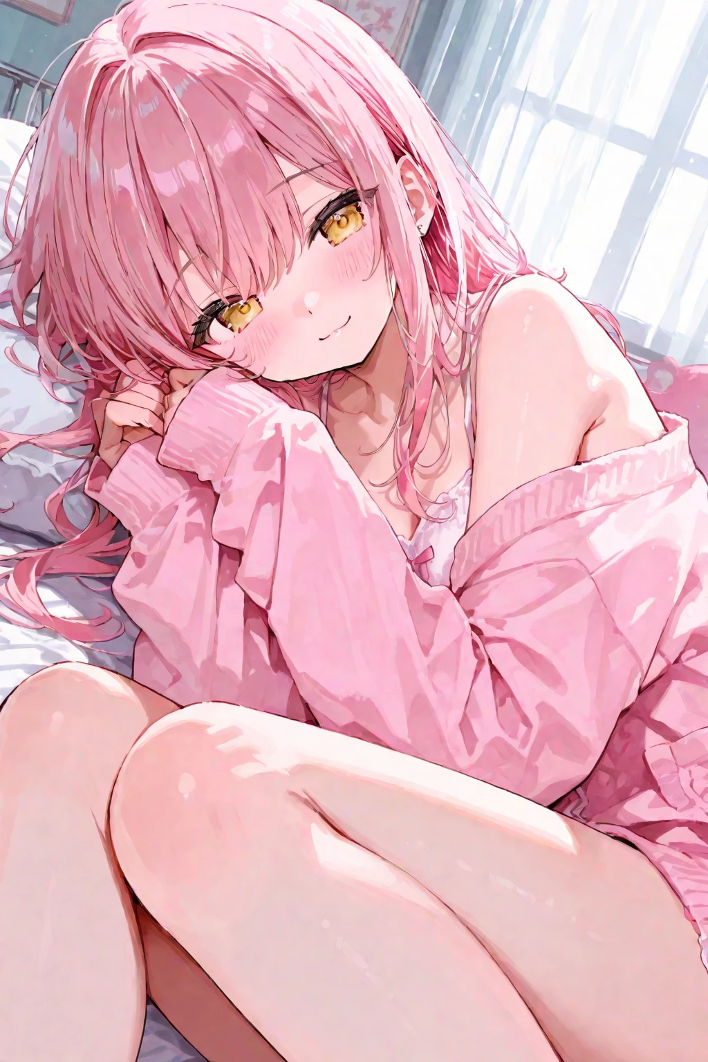 long pink shirt with a kitten drawn on it, no pants with panties showing, long pink hair,short girl, little tits, lying on the sofa with a sexy pose, holding the cell phone, naked