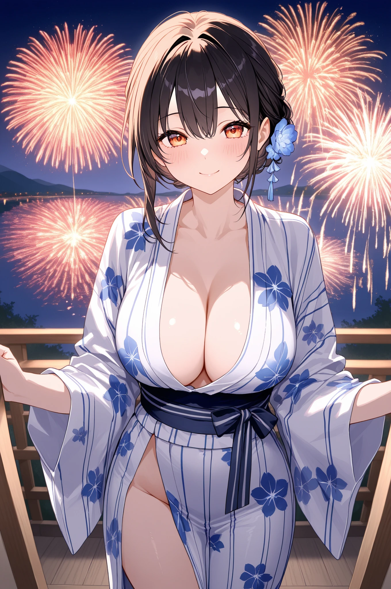 looking at viewer, (mature woman, 45yo:1.5), (gigantic breasts:1.4), (curvy body:1.3).high resolution, extremely detailed CG, unity 8k wallpaper, super detailed skin, perfect ???????, detailed, cinematic lighting, dynamic lighting, beautiful detailed eyes. (Japanese Festival, in the Festival with fireworks:1.6), (walking:1.2), gigantic breasts.
(yukata:1.5), her hair is short and black、Your smile is wonderful and open mouth. The skin is radiant. heart.