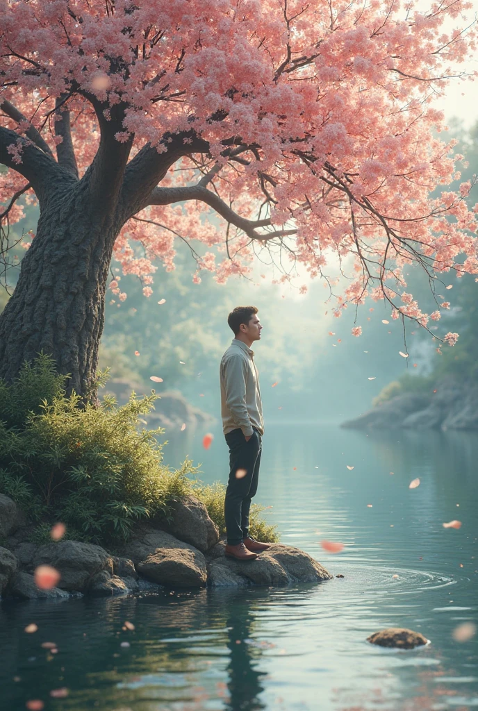Under a large cherry tree, a naked handsome man is facing the tree and looking up at the cherry blossoms.