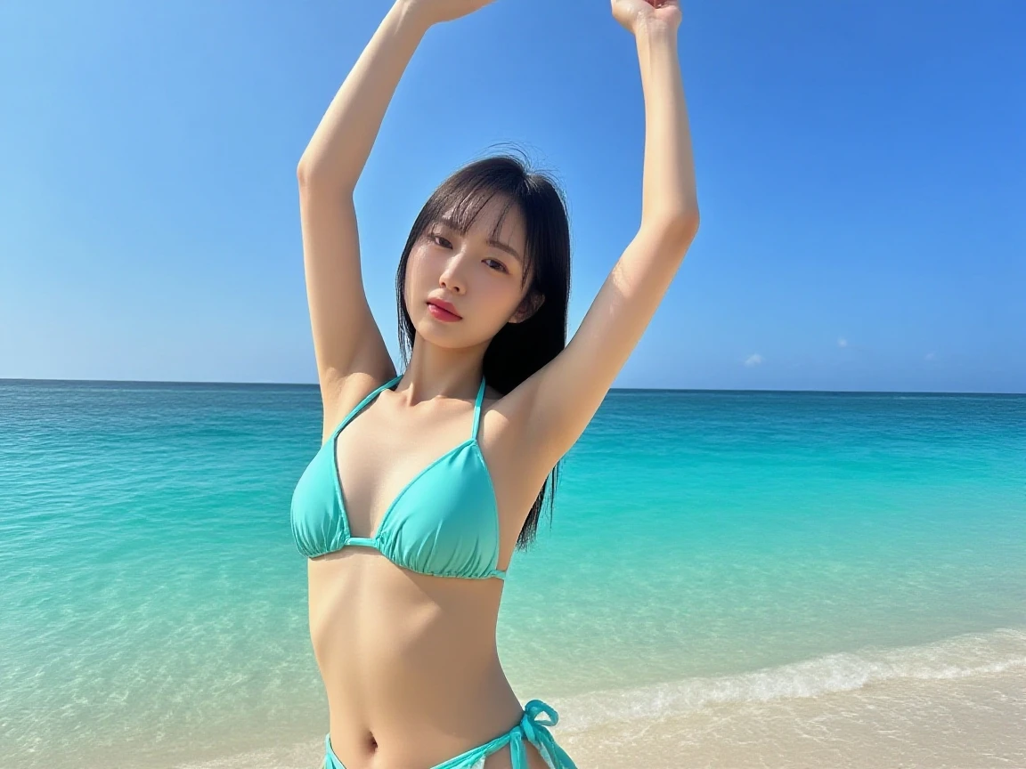 a 20 y.o korean girl in a iridescent foil  minibikini, huge breast, bare butts, angled bob hair, pale skin, heterochromia eye, mole below eye, thick eyebrows, freckles, small waist, wide thighs, thigh gap, beach, coastline, wind, waves, 8k uhd, dslr, soft lighting, high quality, film grain, Fujifilm XT3,