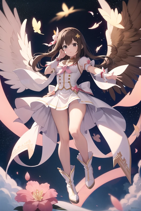 (((1girl))), ((best quality)), ((masterpiece)), ((ultra-detailed)), (illustration), (detailed light), (an extremely delicate and beautiful), (beautiful detailed eyes), (sunlight), ((extremely light)),  ((extremely clothes)), (((hyper detail)))

(((adorable white lingerie))),

wavy long hair, ((((dark brown hair)))),  ((long hair)),
(((deep orange eyes))), 

((angel)), (((angel wings))), ((angel halo)),

(((whole body))), aged 13 to 16, 
(((extra adorable))), (((extra slender shape))), 
(((extremely beautiful detailed face))),
(mischievous smile with sexual satisfaction),  (adorable smile),
(((condescending expression))),

(((jump up high above the magic circle))), (((((Dutch angle))))), 
((())), ((from below)),
(((extremely thin thighs))), (((white stockings)))