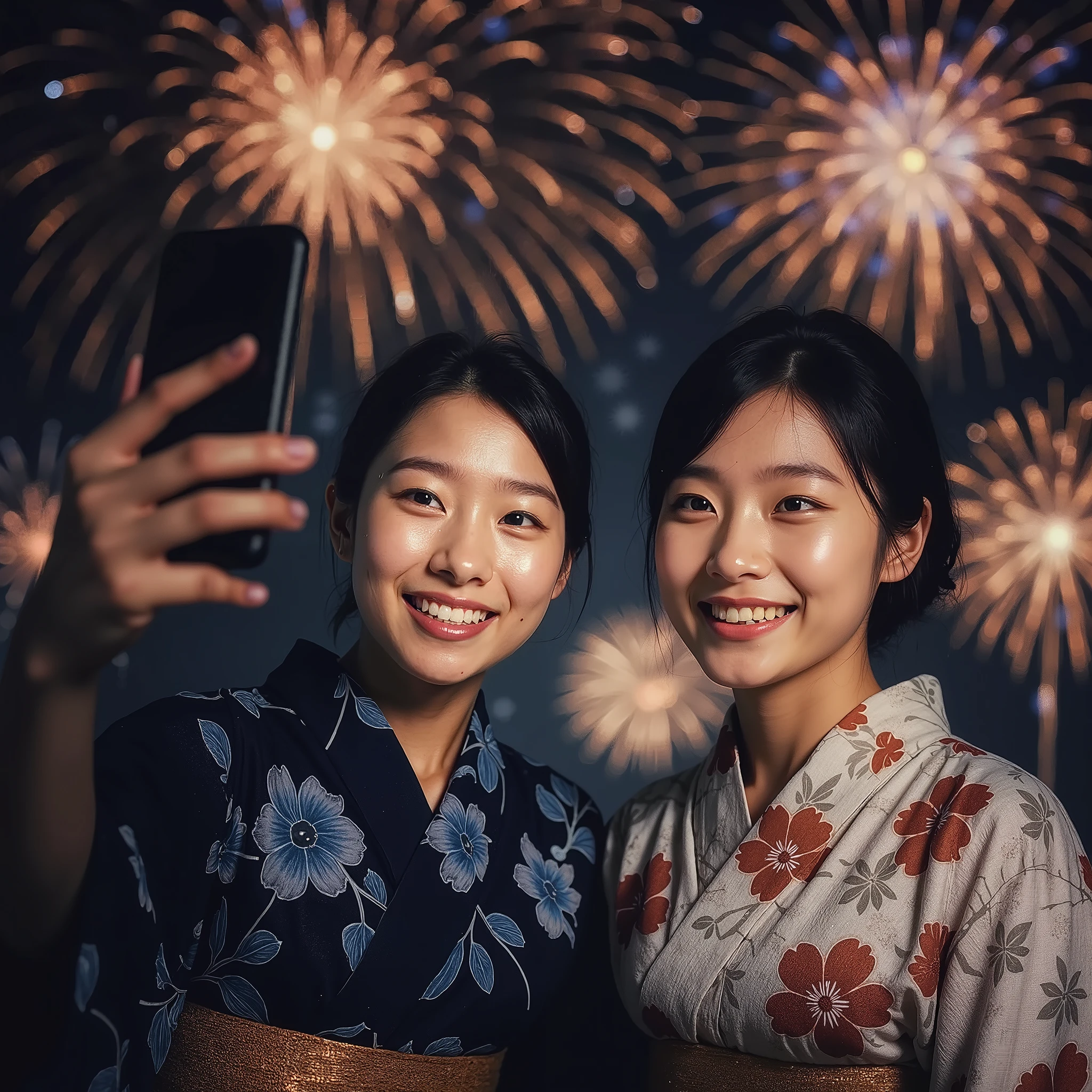 Realistic image、realistic photo style、 woman in a yukata、launch fireworks with your hands above your chest、selfie