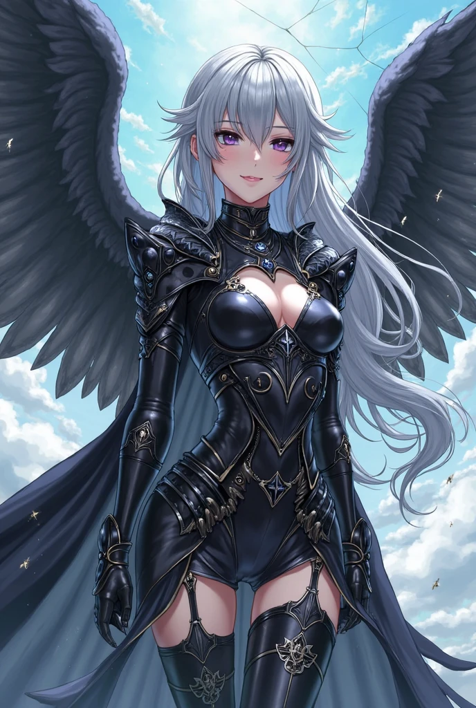 fantasy, 1angel_girl,(young_teen:1.5), ,brown_hair, medium_bob_hair, long_bangs, halo,bare_shoulder,thighhighs,silver_armor, waist_armor, large_breasts,1pair_wings, dynamic_pose_fighting,floating, bare_crotch, headgear,gauntlet, greaves,city_landscape_background,slightly_spread_legs, solo, groin_naked,smile