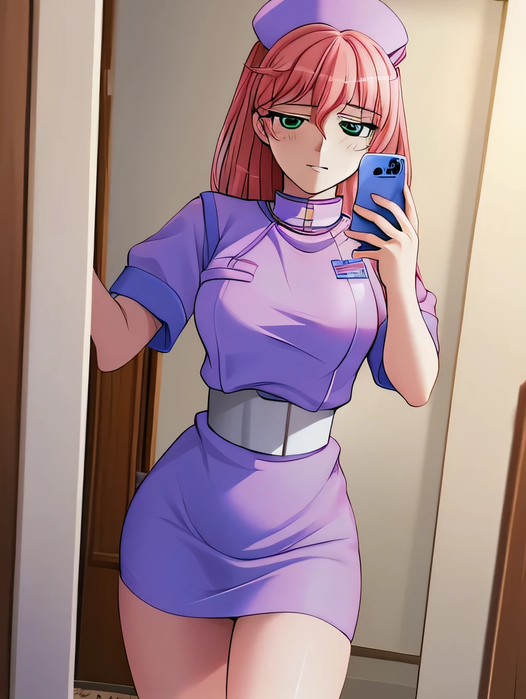 Cool Beauty, Can you add more subtlety to the facial expression,Late night hospital,Can you draw a woman with huge breasts in a nurse costume,Women with Lovely Smiles,Don't Trim Her Expression Because Her Big Breasts Are Top Priority，can you accurately draw details of hands and legs，I wonder if I can draw a more delicate expression than，amazing thighs taking a selfie in the mirror ，Beautiful legs，Nurse Sandals,