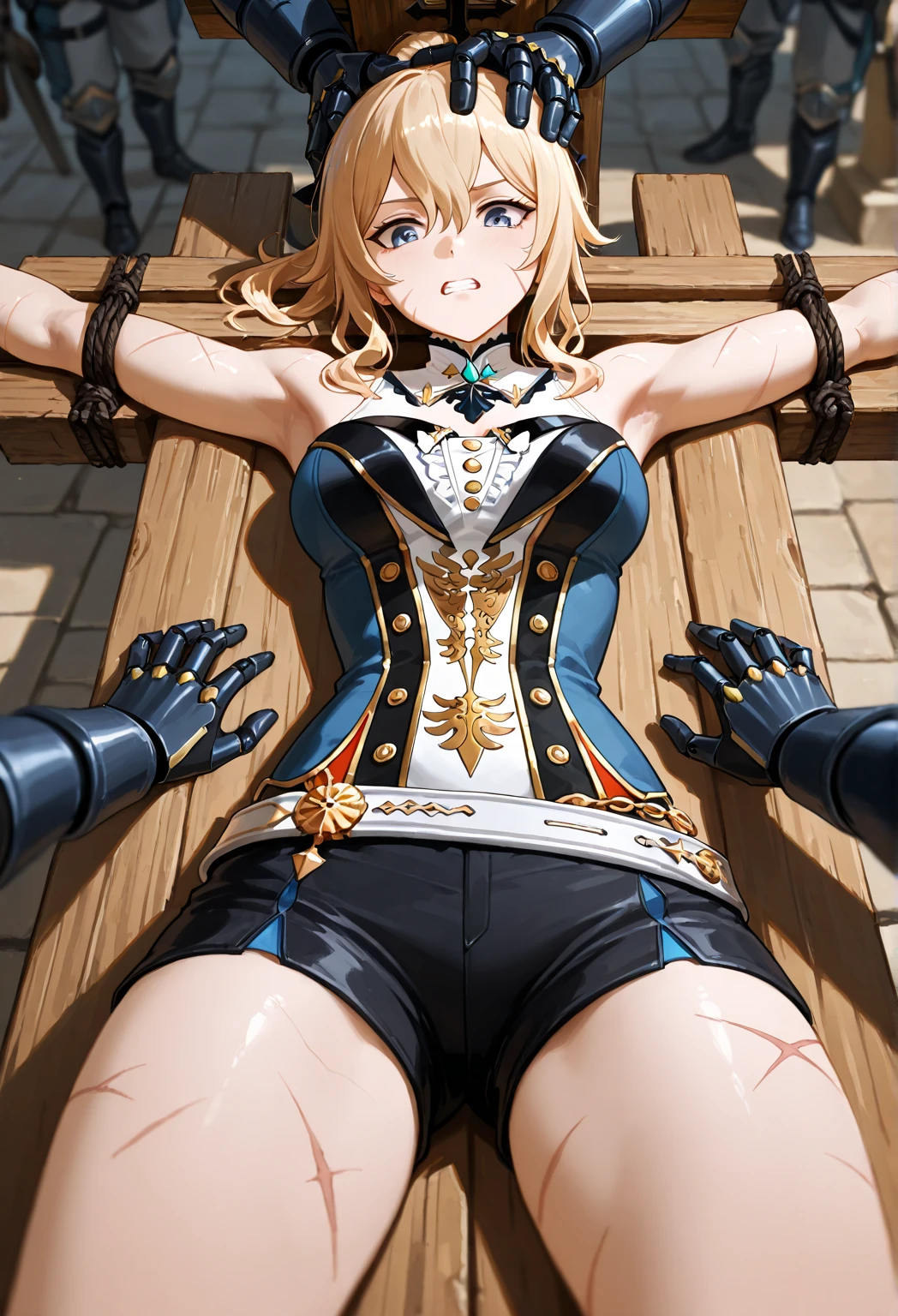 1 women, blond long hair, sit on a chair, arms tied upwards with chain, panic face, skinny belly, fit, a blue top, white leggins, cellar bacground, связанная веревками