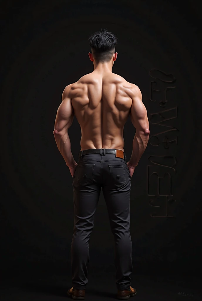 A handsome slim man shirtless in black pants against the wall