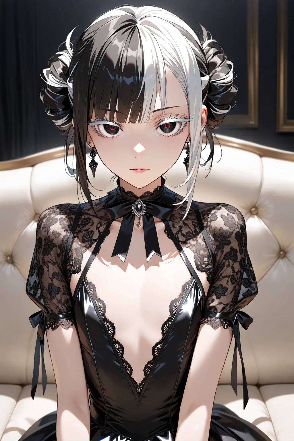 ((Top quality, masterpiece, freak, super resolution)), 1 girl, Japanese model,16 years old,Smooth black hair,A woman wears a bodysuit-style covering from the chest to the hips (white main, black from the V-cut from the chest to the V-cut, corset dress). The neckline is a deep V-cut with straps and the skirt is decorated with short tulle frills. The corset also has a garter belt. (base colour white with black transparent lace on the front)). The front centre of the corset is decorated with delicate black floral lace and a white ribbon. The skirt is ruffled with transparent tulle and is light. The stockings are also black lace. The contrast between black and white is beautiful and the delicate lace and tulle details emphasise the elegant and sexy atmosphere.