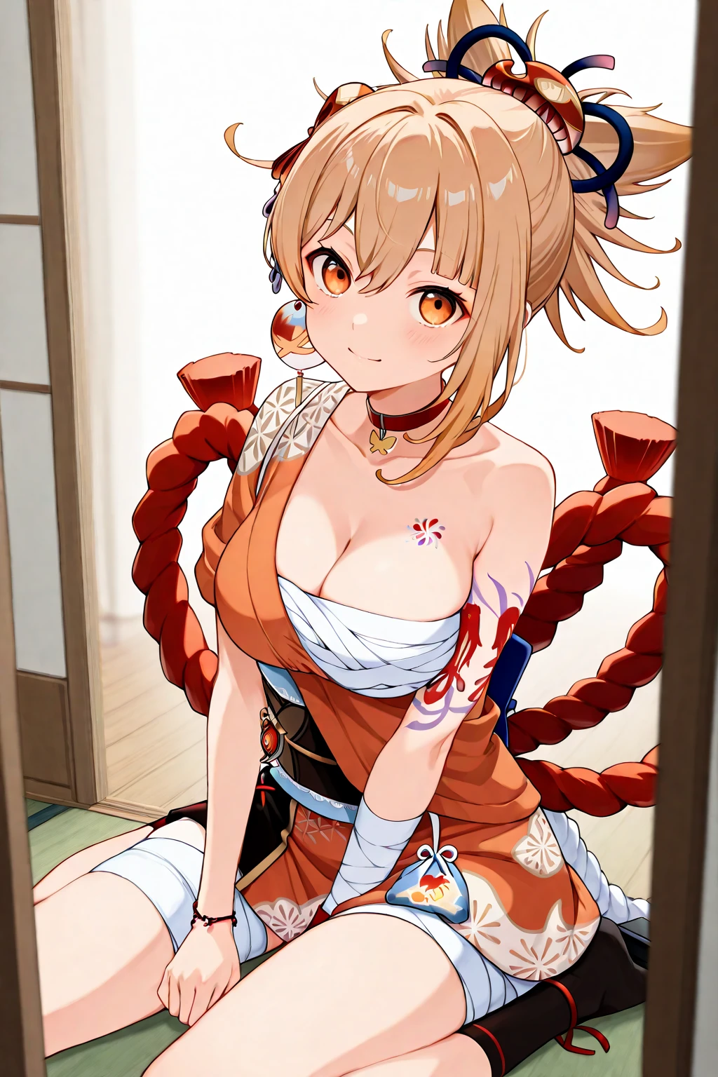 Super detailed,(Highest quality),((masterpiece)),(High resolution),original,One girl, Underarm, chest, alone, blush, Blonde, View your viewers, orange kimono, Raise the hand, kimono, kimono, chestの谷間, Arm tattoo, Sweat, Red choker, bandage, Put your arms behind your head, White Background, Simple Background, Hair between the eyes, bangs, chestのタトゥー, Yellow Eyes, Orange eyes, medium chest, Mouth closed, Underarmを見せる,nsfw,whole body,Areola,sitting cross-legged,