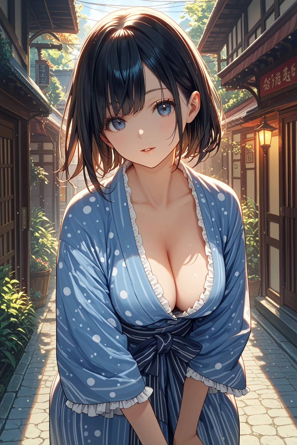 (masterpiece:1.2, Highest quality), (Realistic photos), Beautiful illustrations, (Natural side lighting, Cinema lighting),High detail、1 person, Japanese、20-year-old female, Perfect Face, Symmetrical cute face, Glowing Skin, Black Hair、Bun Hair、(nape undercut:1.2), Dark blue eyes, (Huge breasts:1.2),Slender build, Flowing bangs、Earrings、Beautiful Hair, Beautiful Face, Fine and beautiful eyes, Beautiful body, Beautiful breasts, (yukata),smile、Blushing、Japanese garden、stand、(Sweating all over)
