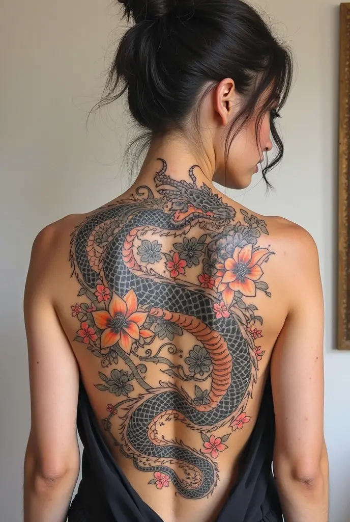 beautiful woman, perfect body shape, back view, upper body shot, ((big dragon tattoo on back)), ((wearing backless floral dress)), ultra-detailed,(realistic,photorealistic,photo-realistic:1.37),detailed skin(best quality,4k,8k,highres,masterpiece:1.2),