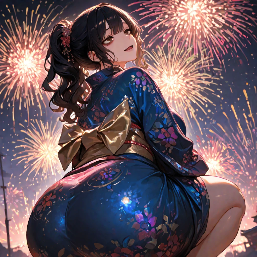 (((Highest quality, Ultra-high resolution、The most complex and detailed depiction)))、((masterpiece:1.3)), (8k, RAW Photos, Best image quality: 1.4), Very detailedな顔、Attention to detail、(Beautiful woman:1.4),(Realistic:1.4) (8k, RAW Photos,), (photo-Realistic:1.2), Very detailed, Beautiful attention to detail, (girl:1.3)Dark eyeliner、Eyelash length、False eyelashes、double eyelid、Brown eyes、Light fluorescent lip gloss, ((hostess:1.2))，(Huge breasts:1.6),、(Cleavage:1.2)、(((Light brown hair、braid one's hair、((Tie your braided hair behind your head，Put your braided hair up)))))、Gal-style makeup、Dark eyeliner、Black eyeliner、Heavy eye makeup、Eyelash length、False eyelashes、Eyelash length、Big eyes、Big black eyes、Big eyes、elongated nose、Heavy makeup、Face with gills、Spread your legs and look forward.、(((whole body)))、sexy、Glamorous Body、(Saggy breasts、Large saggy breasts)、((Sweat、Your body is wet))、((You can see the fireworks from the balcony))、(purple furisode、Gold embroidery),Looking back happily、Sit on the balcony、From the side、Beautiful nape