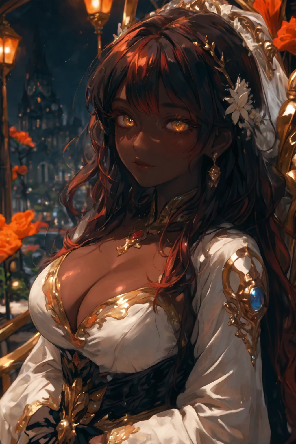 (masterpiece:1.2), (best quality), (ultra detailed), (8k, 4k, intricate),(half-body-shot:1), (highly detailed:1.2),(detailed background:1.2),((big breasts)),((frizzy Afro hair), An photo of a curvy black woman with a black off shoulder shirt and curly hair, red eyes, curly bangs, curly middle part haircut, black curly hair, curly afro, long wild black curly hair, curly haired, black long curly hair, curly black hair, long black curly hair, her face framed with curls, short black curly hair, curly, profile image, curly hair, with afro