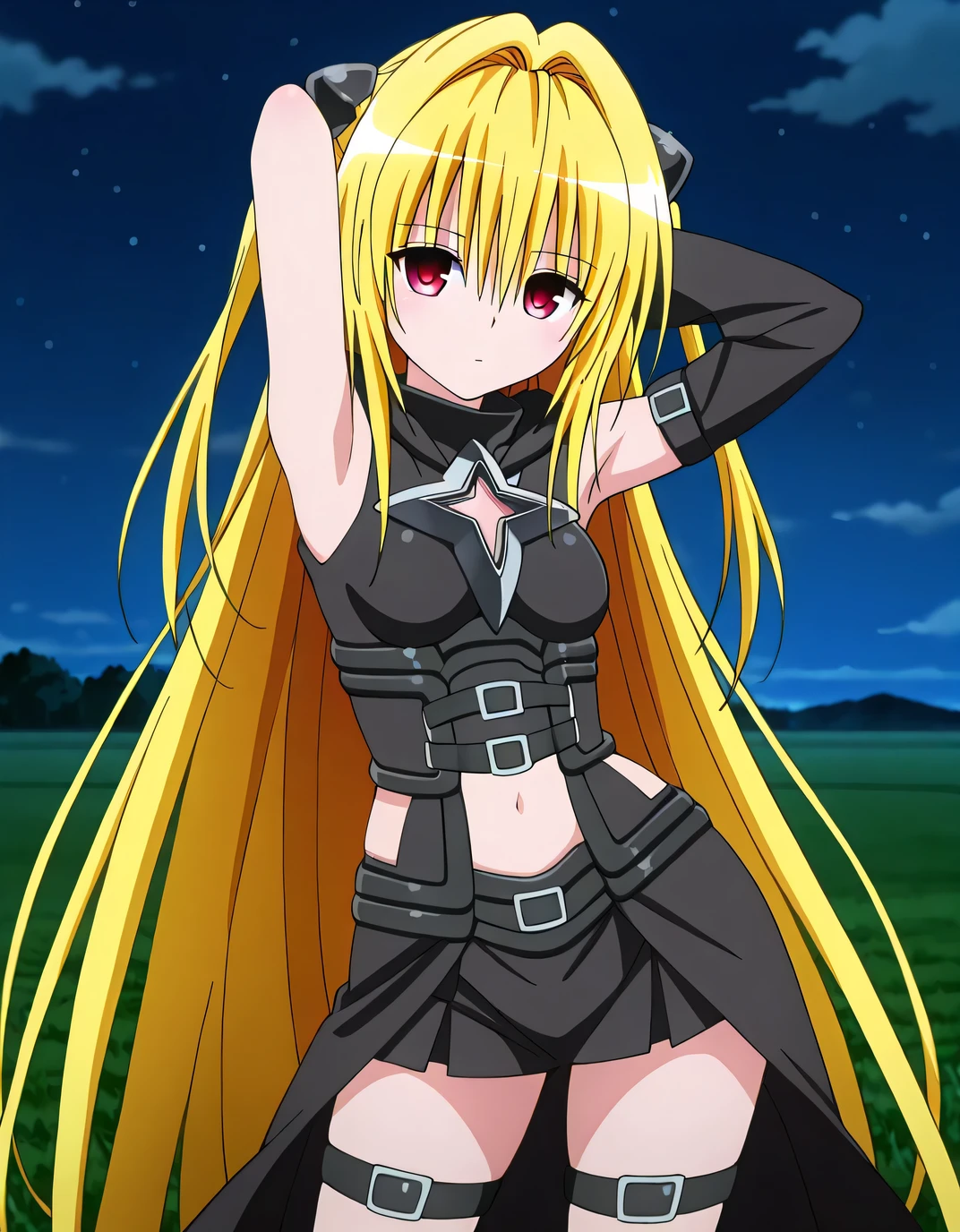 konjiki no yami, hair intakes, hair between eyes, two side up, very long hair, blonde hair, red eyes, hairpods, hood down, cropped shirt, sleeveless shirt, black shirt, clothing cutout, midriff, asymmetrical gloves, single detached sleeve, single glove, fingerless gloves, black belt, short shorts, black shorts, thigh strap,  anime screencap, high quality, solo, night sky, field, (arms behind head), ((contrapposto)), closed mouth, cowboy shot, looking at viewer, expressionless, best quality