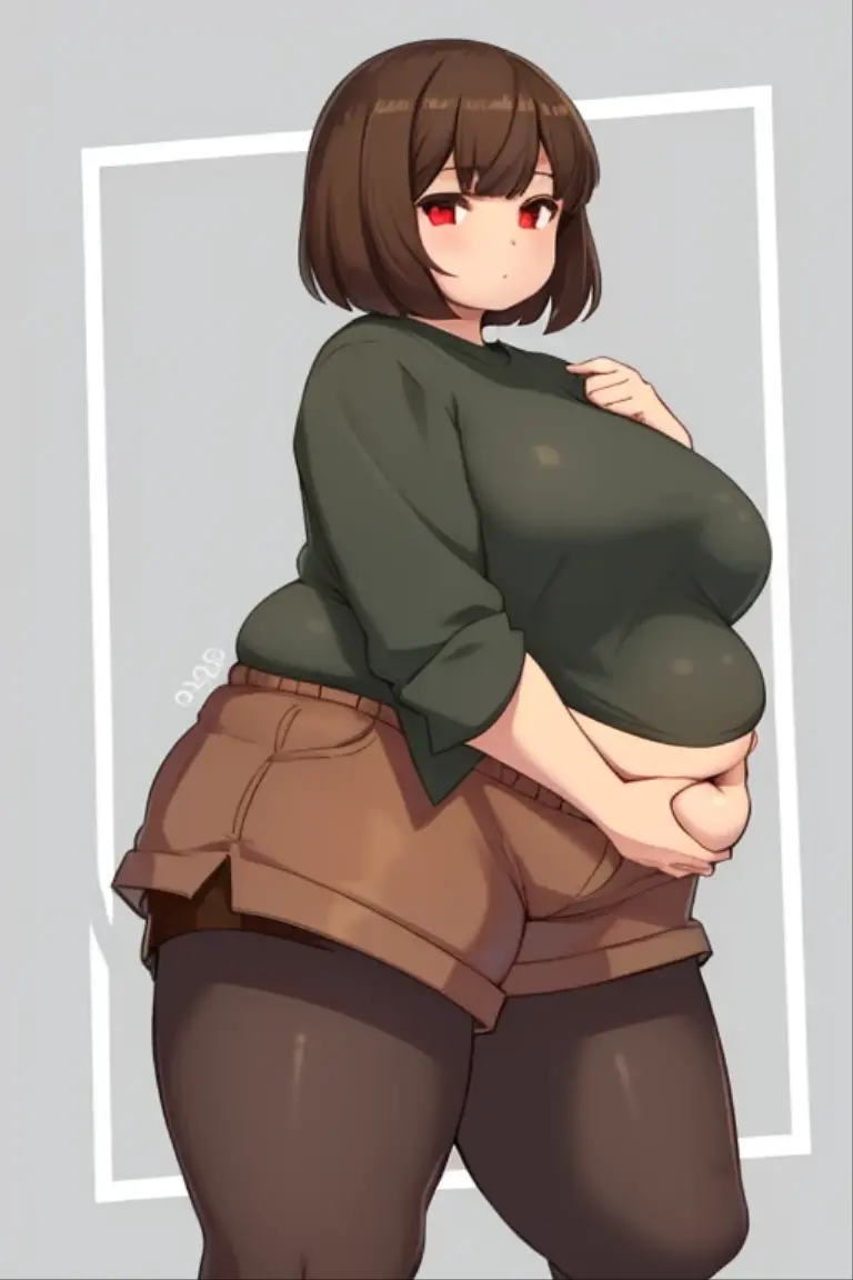 ((best quality)), ((masterpiece)), (detailed), Undertale Chara, brown hair, (brown shorts: 1.3), bob cut, short hair, black pantyhose, (green shirt: 1.3), red eyes, (1girl: 1.3), (solo: 1.3), stripes, striped shirt tetas con una altura de 2 y 1.0 centimeters and a thickness of 1.0cm blush, emotional, long hair, underwear, bra, panties, shy, bbw, plump, large belly, large breasts, large thighs, love handles, wide hips, weight gain,