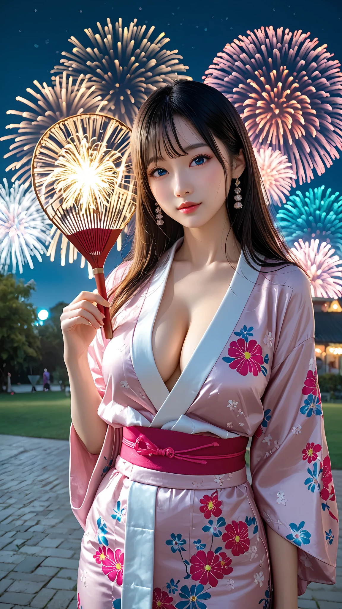 ((16K)),(masterpiece:1.3, Highest quality, Ultra-high resolution, Super detailed), (Realistic, photoRealistic:1.4), Perfect lighting, Depth of written boundary, Browsing Caution, Surrealism,Face Light,(( large breasts)),Beautiful detailed hair,((Beautiful eyelashes)), Beautifully detailed face, Beautiful fine details, Beautiful body, thin脚,Beautiful breasts, Beautiful feet, ((Beautiful nails)), ((Beautiful fingers)), thin, 1 girl, 23 years old,Perfect Face, Long eyelashes,Perfect Anatomy, Supermodel with a long neck,((Skinny1.3)),(Perfect Anatomy,Anatomically correct, Highly detailed skin), Shiny skin,((beautiful girl:1.1)),(Mid-length hair:1.4, Wavy Hair:1.2, half updo,Black Hair) ,((With bangs)),Dainty facial structure,((Happy smiling face with mouth wide open:1.3)),Like the whole body,((Swayback stance:1.2)),female focus,((from below:1.1)),((wearing very elaborate (pink) yukata with traditional Japanese floral patterns:1.1)),The yukata is short in length, showcasing its vibrant and intricate design, Generate an image of a night sky with colorful fireworks being launched. The background should be filled with a variety of vibrant fireworks, creating a festive and celebratory atmosphere,Beautiful fireworks,((wide shot:1.3)),