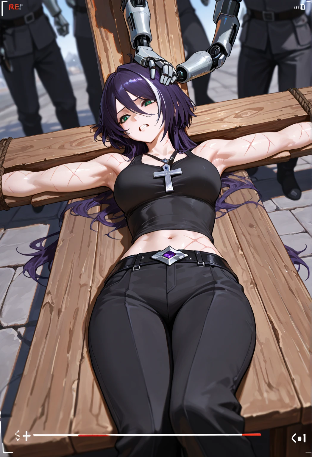 Legs lifted and suspended in the air to show the soles of the feet, lying down with the waist turned away, soles of the feet, M-shaped legs spread, woman with open legs, clothes melting, masterpiece, 1 person, solo, hair inhalation, torn clothes, handcuffs, chains, navel, glaring, angry expression, tears, (back arm: 1.2), cling, chain, heart-shaped pupil, shackles, fetters, abandoned toilet, melting white loincloth, melting white exposure, clothes melting, purple hair