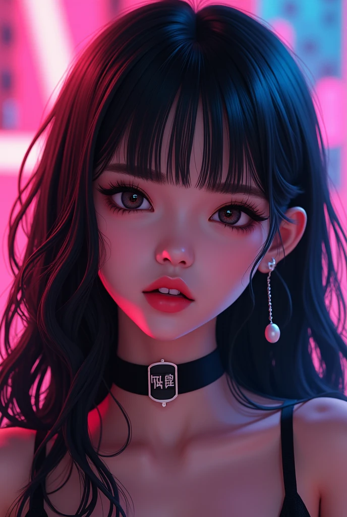 (8k, RAW photo, best quality, masterpiece:1.2), colorful background, clean background, depth of field, city, high building, A woman, half back long black hair, hazelnut eyes, long eyelashes, large red lips, pink long nails, gentle smile, is being licked by a other girl, in the gamers room