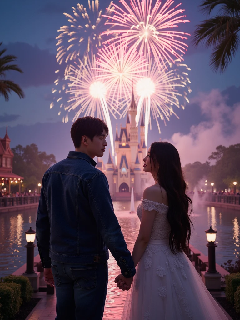 8K quality、Highest quality、Realistic, Male and female coupleの画像、Disneyland in the background、Angle from behind、Neon lights are beautiful、Arms crossed、Fashionable clothes、The man's clothing has fluorescent lettering on the back..、NORIO logo print for men'Clothing Bags、For women, The back of the garment is fluorescentAThe word SAMI is written there.、British punk rock style、Make the text on the back stand out、(((((Male and female couple)))))