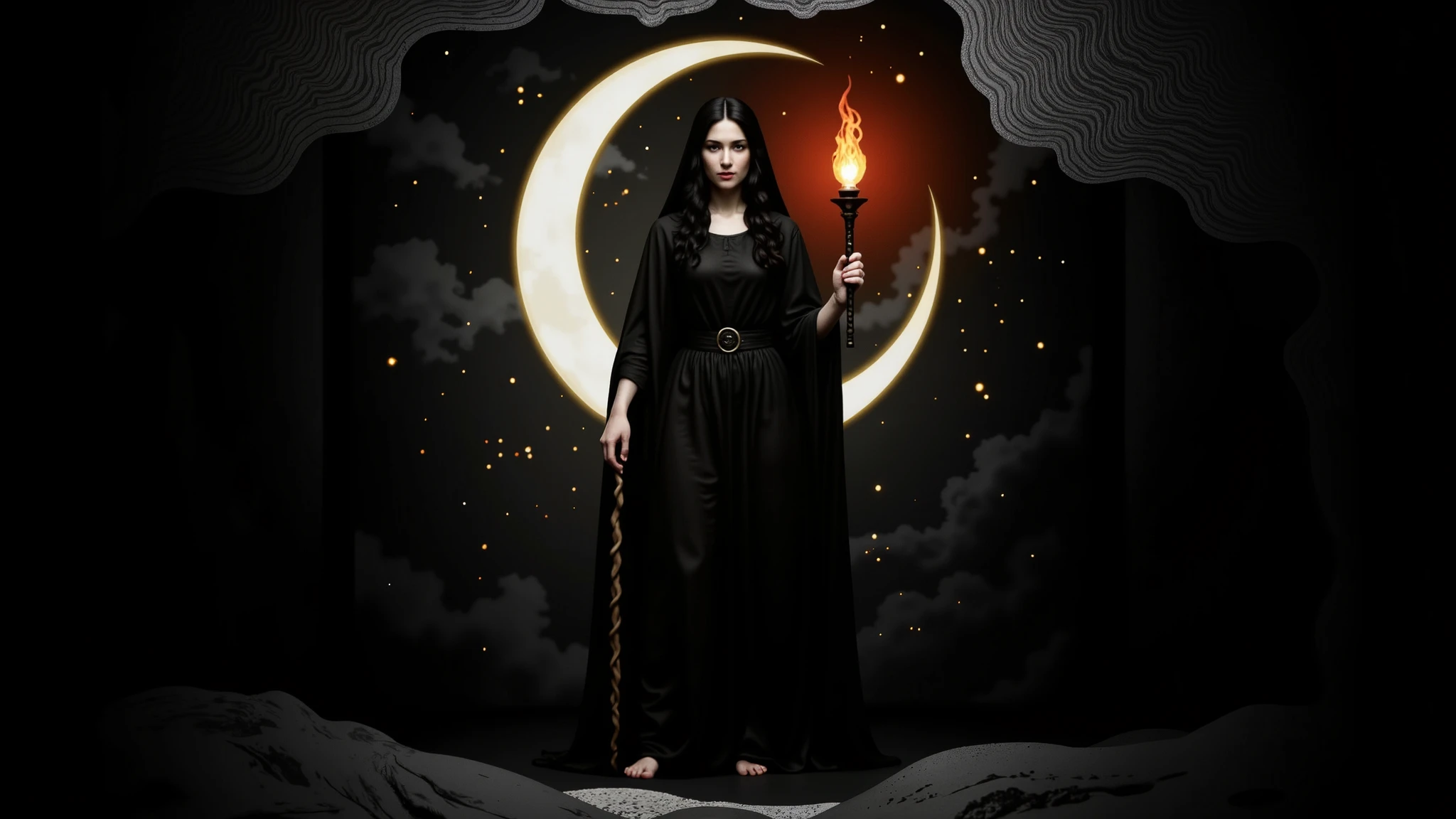 Hecate, the Greek goddess of magic and mystery, is depicted full-length within a large, luminous crescent moon. She stands with an enigmatic and powerful expression, dressed in a long, flowing black robe that drapes her sculptural body. Her hair is long, wavy, and black, falling over her shoulders and partially covered by a hood. In one hand, she holds a torch lit with a golden flame; in the other, an ancient staff of twisted wood. The moon behind her glows in soft hues of ivory and gold, highlighting her silhouette against a dark, hazy background. The style blends classical realism with dark fantasy, focusing on rich textures, dramatic lighting, and a mystical atmosphere.