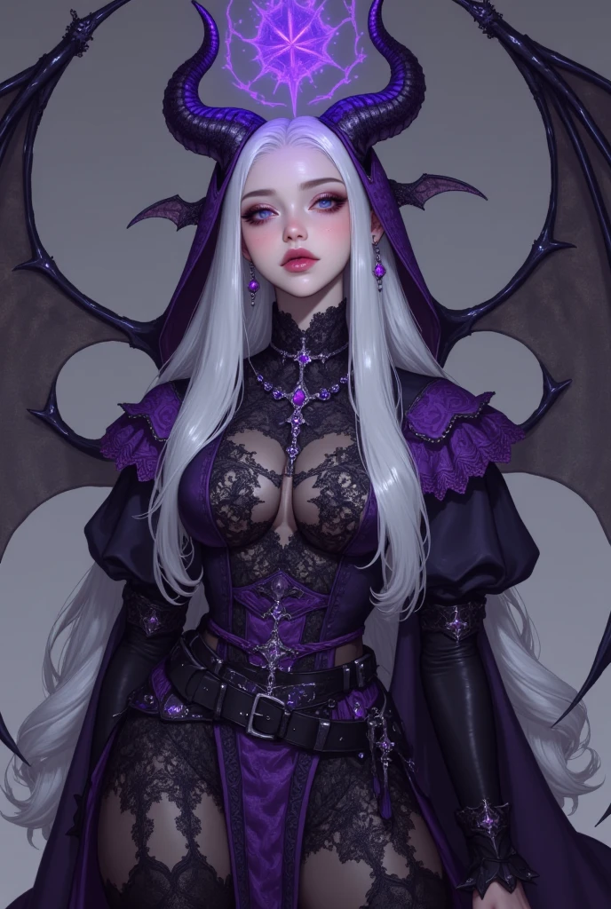 8k,A hyper-realistic,(masutepiece, Best Quality) Daniela Dimitresc, 1womanl, white hair,Looking at Viewer, Open mouth, Blonde hair, Background, cleavage, real looking skin,Jewelry, medium small breasts, Underwear, Looking, Upper body, flower, Wings, teeth and fangs, hoods, Necklace, Cape, Bra, makeup, bug, lip stick,Inside the dark cave, Pedras preciosas, pale skin, veils,紫色の hoods up, Realistic, Black lips,超A high resolution,Purple Flame(purple effect),A sexy,