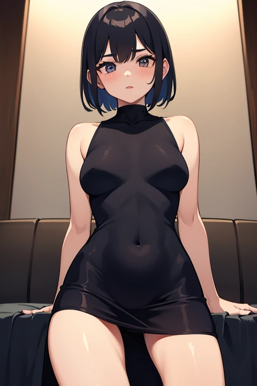 beautiful, (masterpiece:1.2), (best quality:1.2), perfect eyes, perfect face, perfect lighting, 1girl, black hair, bob cut, hair covering one eye, grey sleeveless sweater, look at the viewer, (wide angle:0.8)
,squatting,arms up,