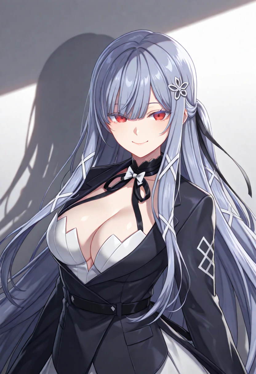 sovetsky_Soyuz, grey hair, long hair, choker, Cleavage, large breasts, first rate breasts, grey eyes, sharp eyes, Long eyelashes, eye shadow, ominous vibe, expressionless, stoic, relaxing, Ultra quality, UHD, high detail, anime aesthetic, Anime screenshot, Ultra quality, UHD, high detail.