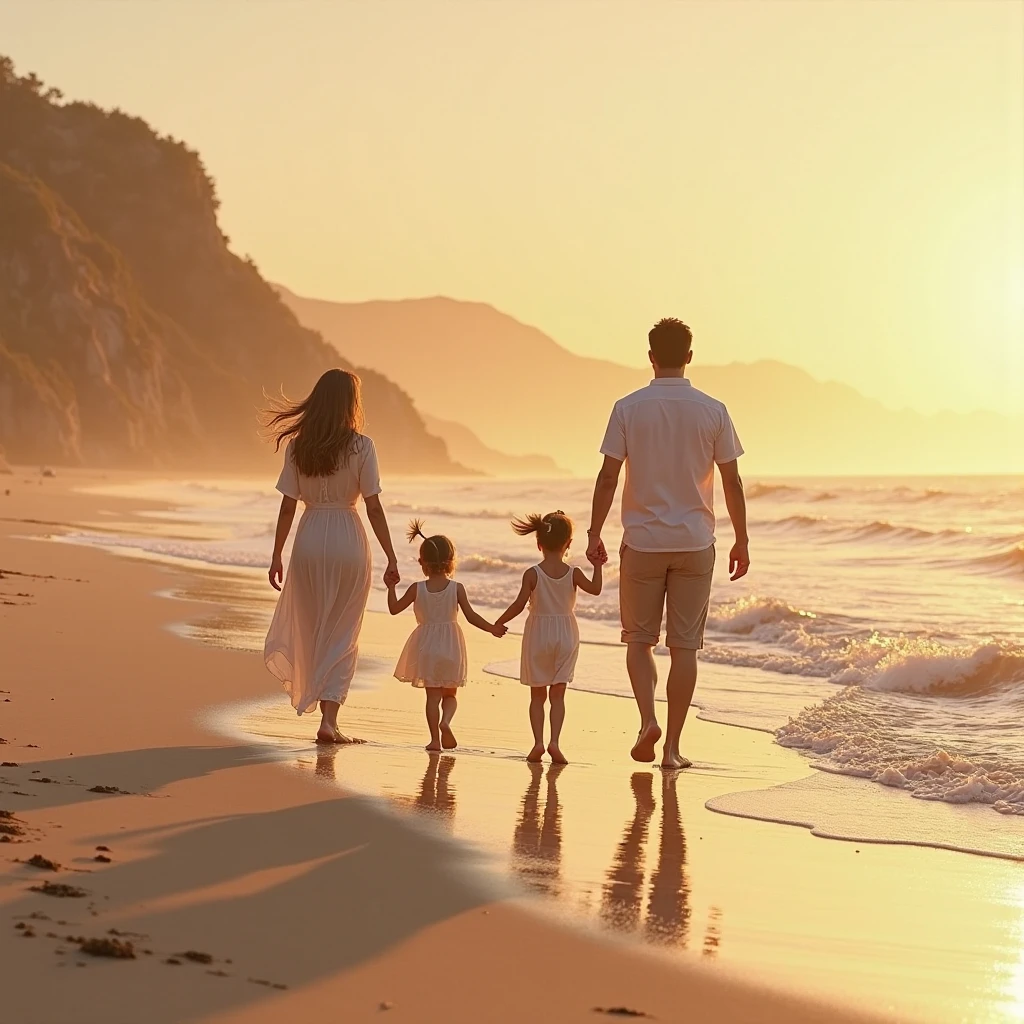 A family of four walks hand in hand on the sandy beach by the sea in the evening towards sunset.、smile,detailed person