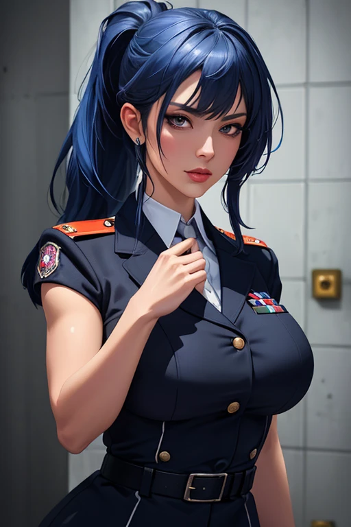 masterpiece, best quality, absurdres, illustration, 8k, perfect shadows,perfect lighting,hdr, ambient lighting,realistic, ultra-realistic, full body shot, Photo realistic,(hyperrealistic:1)textured skin,shiny skin,skindentation, beautiful body, (blush:1.2)milf,mature woman, 1girl, mini_yaemori long hair, red eyes, black hair, multicolored hair, blue hair, blush, bangs, large breasts, black hair, (blue hair:0.8), collarbone, (multicolored hair:0.8), streaked hair, (wearing nurse uniform, sexy, skirt, high waist skirt, white bra, white gloves, elbow gloves,cropped jacket, leather straps, white leather) (large breasts,hourglass body, thin waist,very slim waist)extremely detailed face,detailed eye makeup, detail face, nice detailed eyes,nice hands, perfect hands <lora:Mini Yaemori V1:.50><lora:beautifulDetailedEyes_v10:0.50> (realistic pupils,realistic iris:1) heavy eye makeup<lora:add_detail:.50> <lyco:GoodHands-beta2:.90><lora:Aesthetic-Portrait-V2:.50> standing at attention (shy face) <lora:ryanreos-lora-v1-32dim-3ep-naivae:.30>