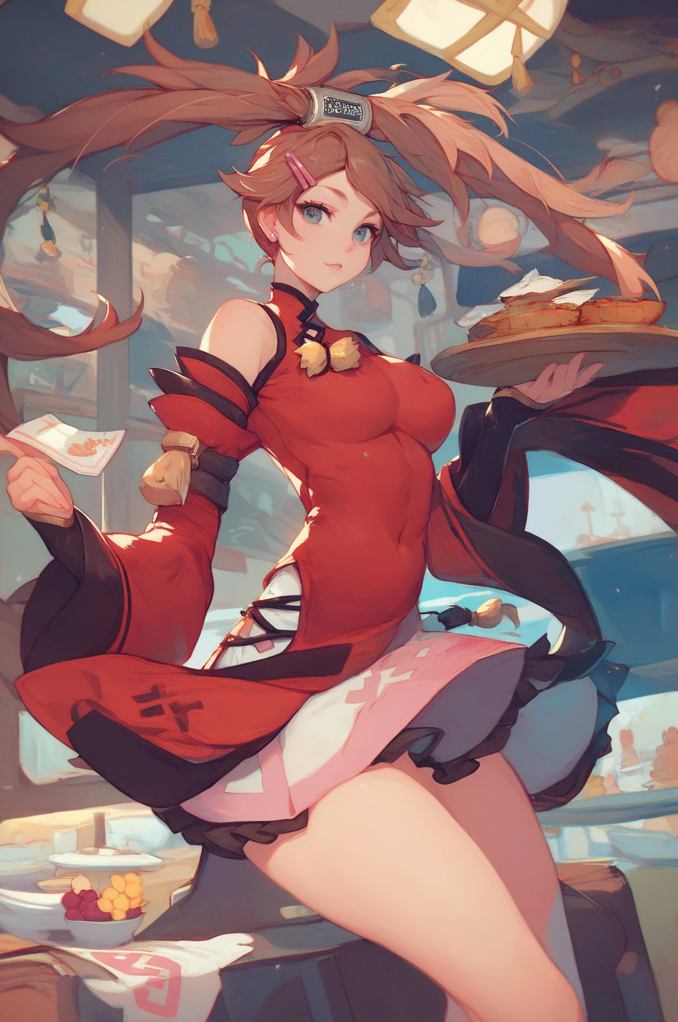 masterpiece, best quality,acgirl, 1girl, double bun, food, hair bun, red background, bun cover, hair ornament, solo, baozi, chinese clothes,(kbxll:0.6)