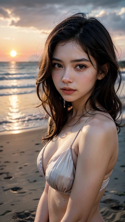 (best quality,4k,highres:1.2),ultra-detailed,realistic, HDR,portrait,golden hour, warm tone,beautiful detailed eyes,beautiful detailed lips,turkish teenage girl,laying down,beach,bikini,thick thighs,eye contact,messy hair,gentle waves,swimming suit,full body,tranquil,relaxation,sunset,serenity