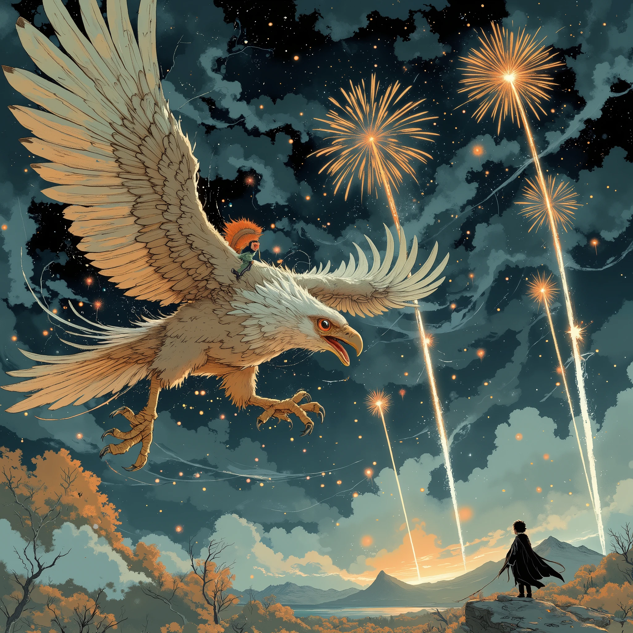 This imaginative illustration evokes、It depicts the majestic Garuda soaring through fireworks launched into a tranquil night sky、with wings spread wide、The delicate texture of the feathers stands out、It doesn't look like、The shades of gray and brown stand out、Garuda's sharp gaze and strong claws、depicts the strength and precision of Garuda dancing smoothly through the night sky、On Garuda's back、The contrast between the eagle's dynamic movements and a quiet, static figure、the characters are gentle and majestic、also moves in flight、The contrast between Garuda's dynamic movements and quiet, still figures、Each feather is clearly separated、The artistic style、depicts a majestic eagle soaring through a serene sky、adventurous and eccentric、Multiple fireworks can be seen in the background, aidmafluxpro1.1
