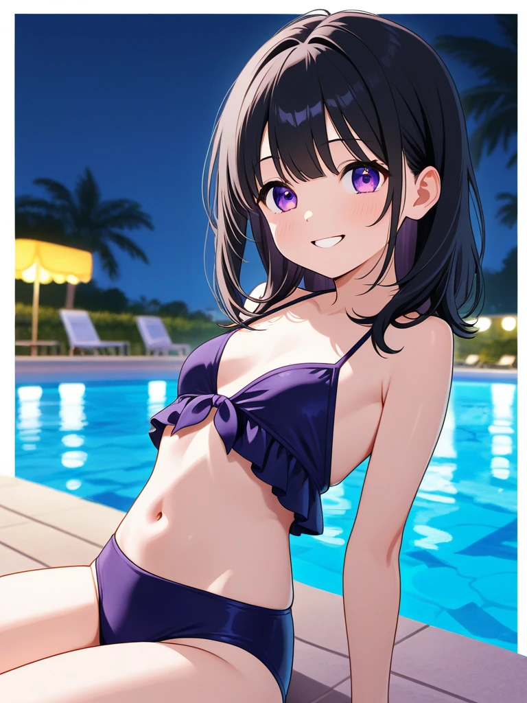 purple flowers, anime, cute, shiny, bikini