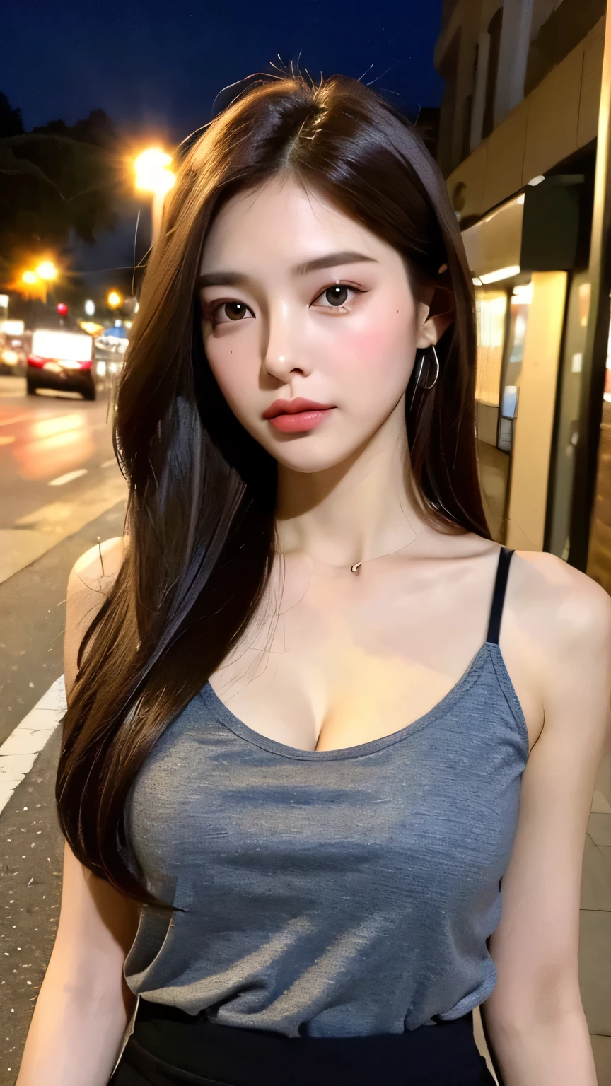 masterpiece, highest quality, High resolution,alone,Brown,artistic,Best lighting,casual,Flat Chest,Beautiful Face,expensive,smile,light makeup,Age 24,Calm woman,Detailed Hair,Laughing woman,Face Focus,Forehead,Wavy Hair,A woman wearing shorts,Alley,night