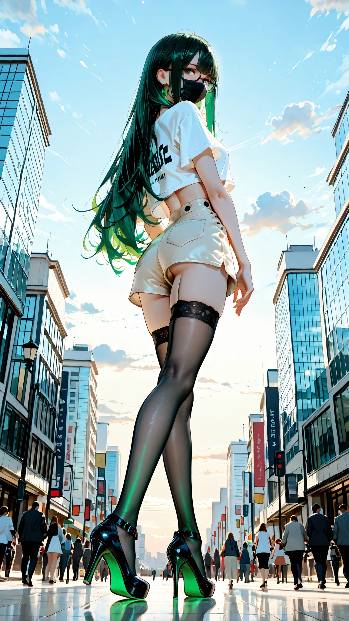 masterpiece, best quality, a sexy teacher in thong panties and high heels stands on the railing of school rooftop as her skirt flies up, 1girl, full body, white business jacket, sexy underwear, solo, red panties, white pencil skirt, navy latex high heels, skirt lift, ass, clothes lift, school ground view, sexy smile, looking back, outdoors, sexy female teacher, long green hair, medium breast, green eyes, high heels, beautiful tits, beautiful ass