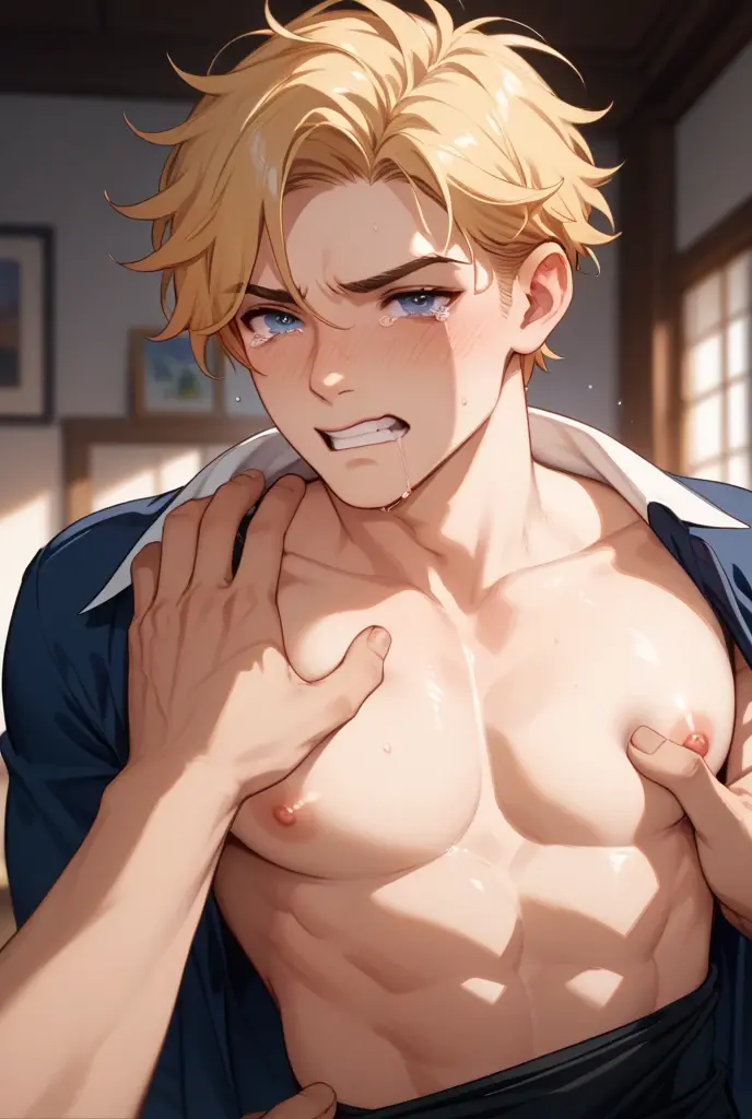 (Yaoi)、Gay、(((Completely nakedの少年)))、Blonde、Levi Ackerman、Completely naked、penis on face、(((Sweat)))、(Japanese-style room)、