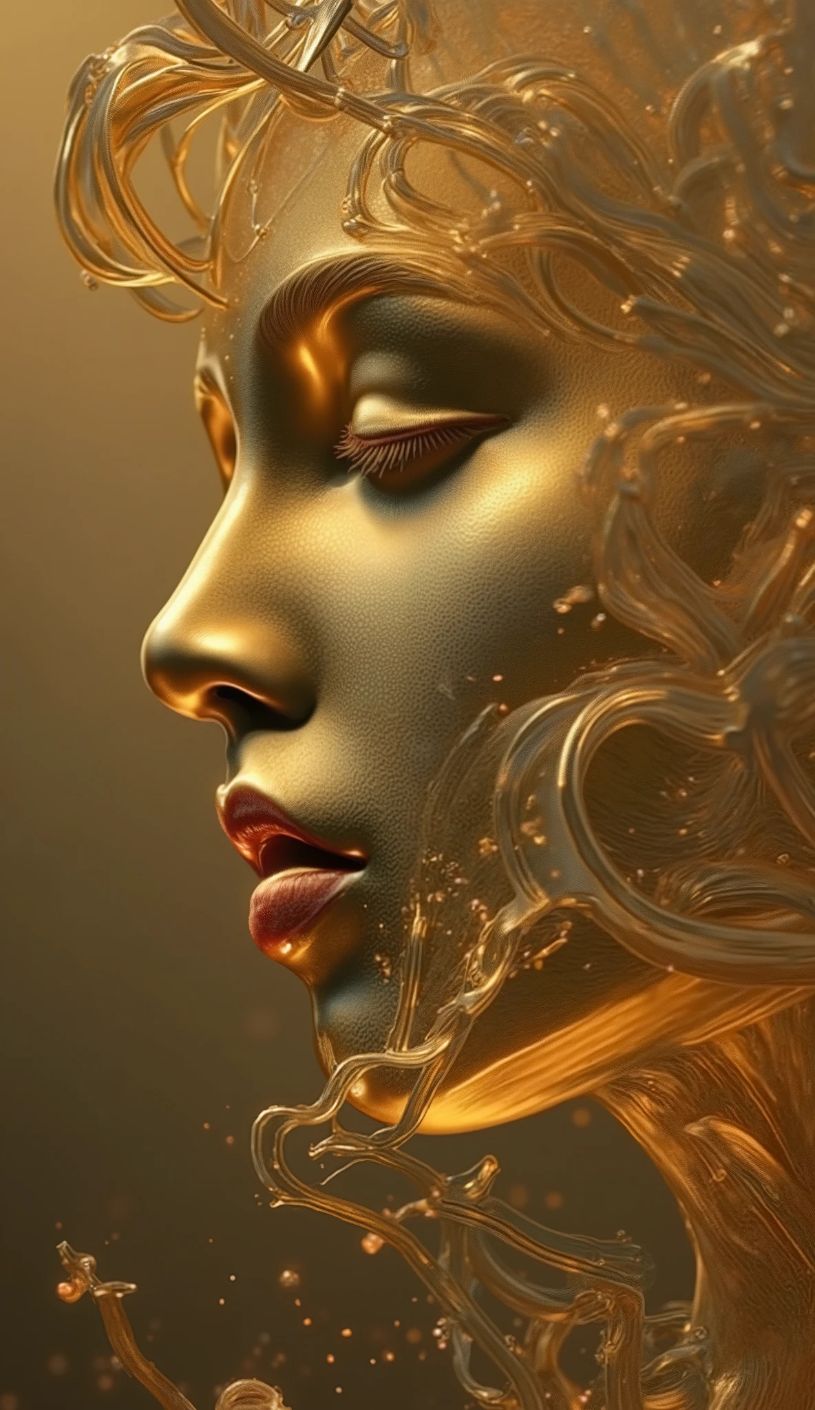 golden female face, estado, arte abstrata, 3D trend, se desintegrando, imagem completagolden female face,estado abstrato,3D trend,se desintegrando,imagem completa,rosto em close-up,enigmatic expression,detalhes realistas,dramatic lighting,tons quentes,cores vibrantes,pintura digital,ultra-detalhado,4K,HDR,foto profissional