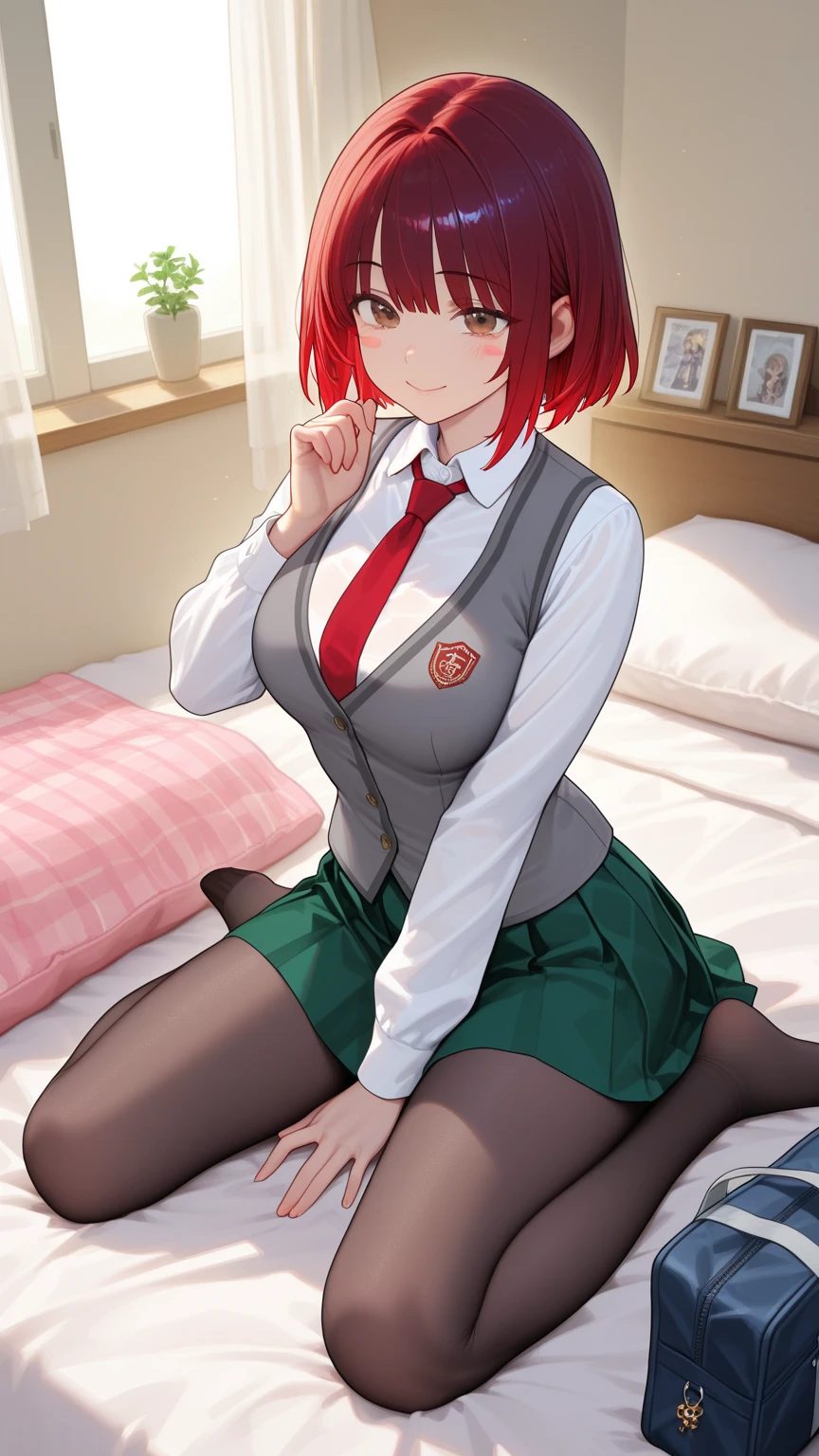 Masterpiece, White shirt, green skirt ,Red tie, red hair ribbon, White socks, 8k, Lin, green hair big chest