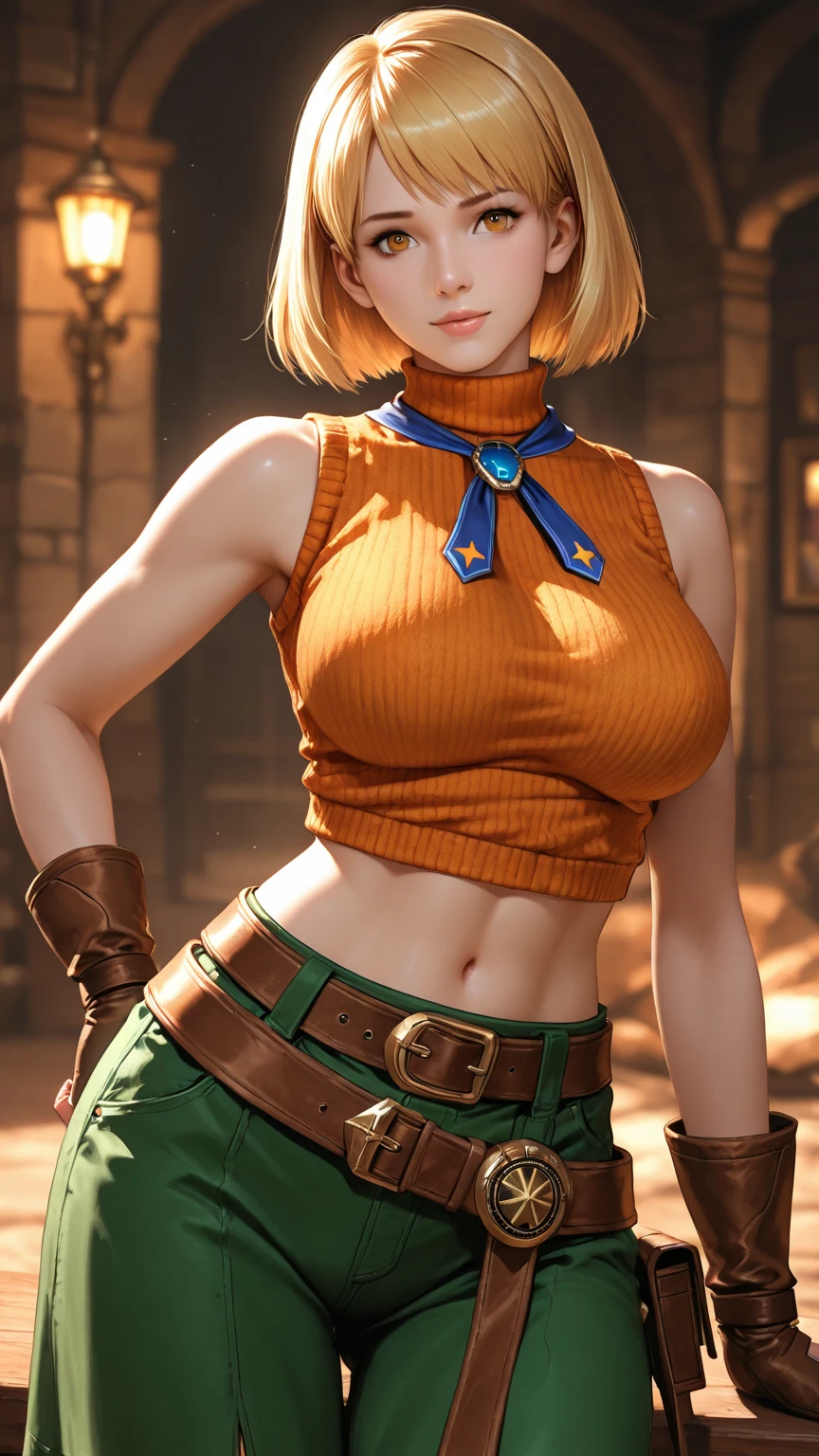 (masterpiece, best quality), 1girl, <lora:FinalFantasy_FemaleThief:0.8> ThiefFFT, short hair, blonde hair, brown eyes, bandana, green shirt, belt, brown shorts, gloves, boots,