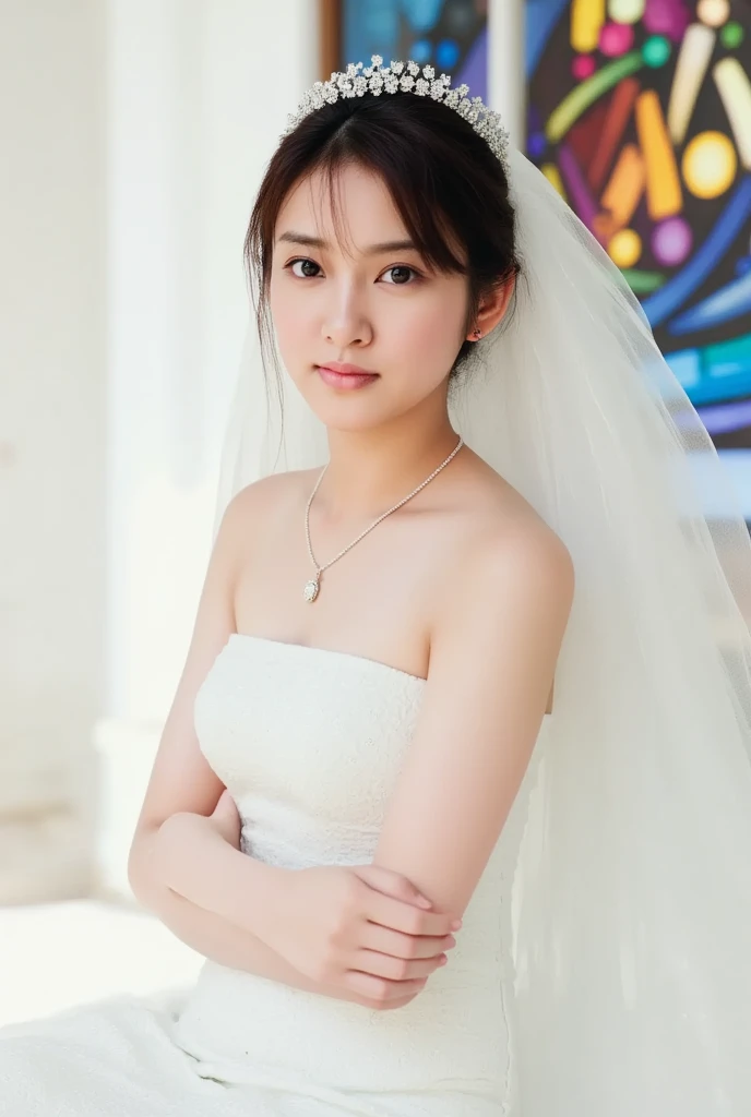 (1girl), ponytail, Extremely cute face, Amazing face and eyes, (Highly detailed eyes, Highly detailed face), fresh, Very clean appearance, (Hyper-realistic, hight resolution), (Best Quality:1.4), (hyper quality), Authentic skin texture, Raw photo, (Realistic, Photorealsitic:1.37), highly detailed, Professional Photography, (beautiful lace bridal dress:1.5), (lace bridal dress with open front), (cleavage:1.2), (Bare shoulders), Smile slightly, (Staring at me), luxury living room, girl portrait, small breasts