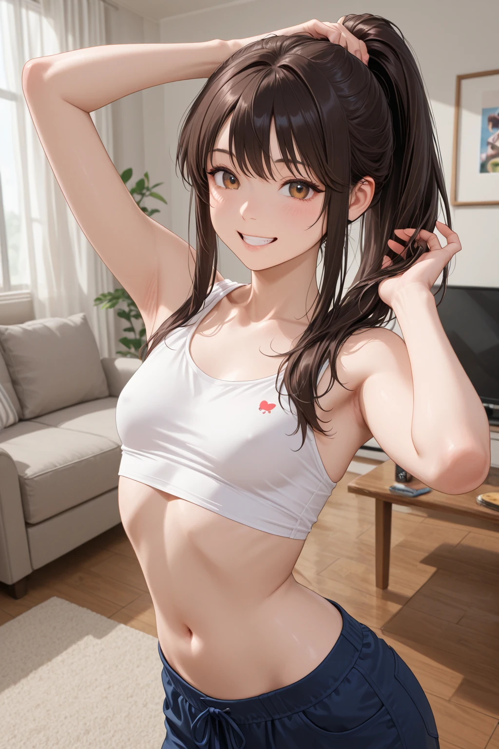 masterpiece, best quality, kunikida hanamaru,big breasts, blushing , smile , white tank top, cleavage,abs,navel, brown yoga pants, sweating, selfie