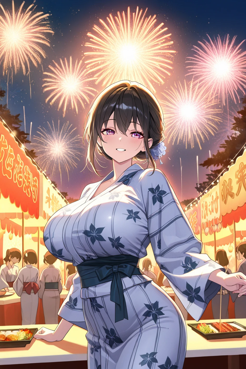 Hime cut with long black hair、Full-body illustration of a girl with straight bangs and blue eyes、Have big breasts、Wearing a yukata、Watching fireworks、I don't have anything in my hands