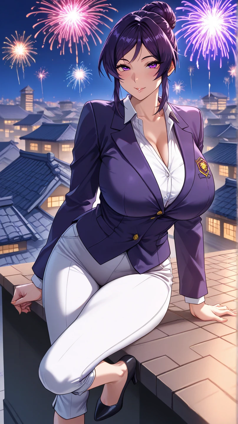 (​masterpiece、top-quality,8K, High resolution, Ultra-detailed)、独奏、1girll、Look at viewers、 (purple collared shirt、Grey jacket、Gray pants、green colored eyes)、Valletta、long and big breasts、Lustrous skin、Shiny skin、Detailed skin、Silky skin