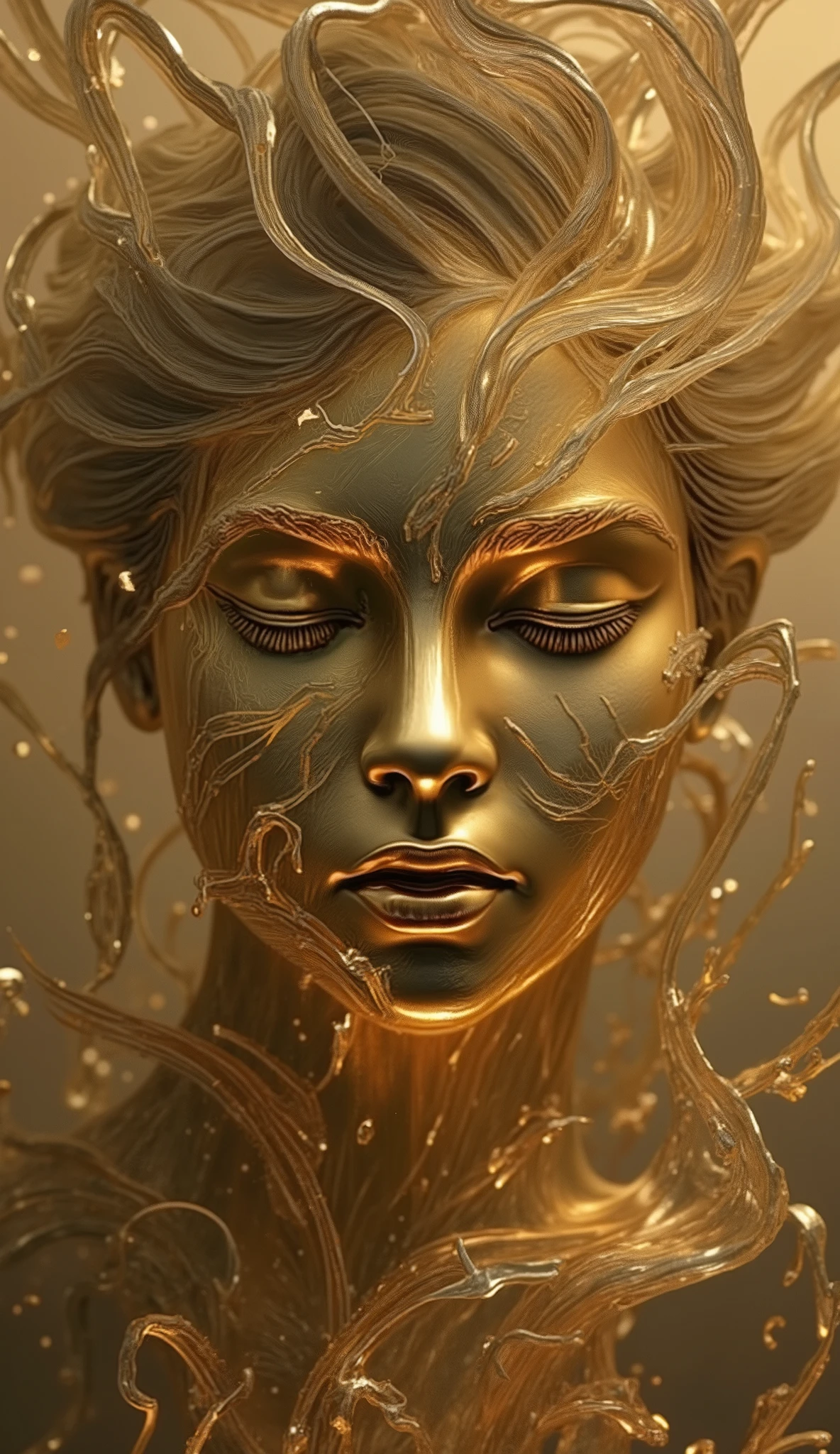 golden female face, Estado, Arte abstrata, 3D trend, se desintegrando, imagem completagolden female face,Estado abstrato,3D trend,se desintegrando,imagem completa,rosto em close-up,enigmatic expression,detalhes realistas,dramatic lighting,tons quentes,cores vibrantes,Pintura Digital,ultra-detalhado,4k,HDR,foto profissional